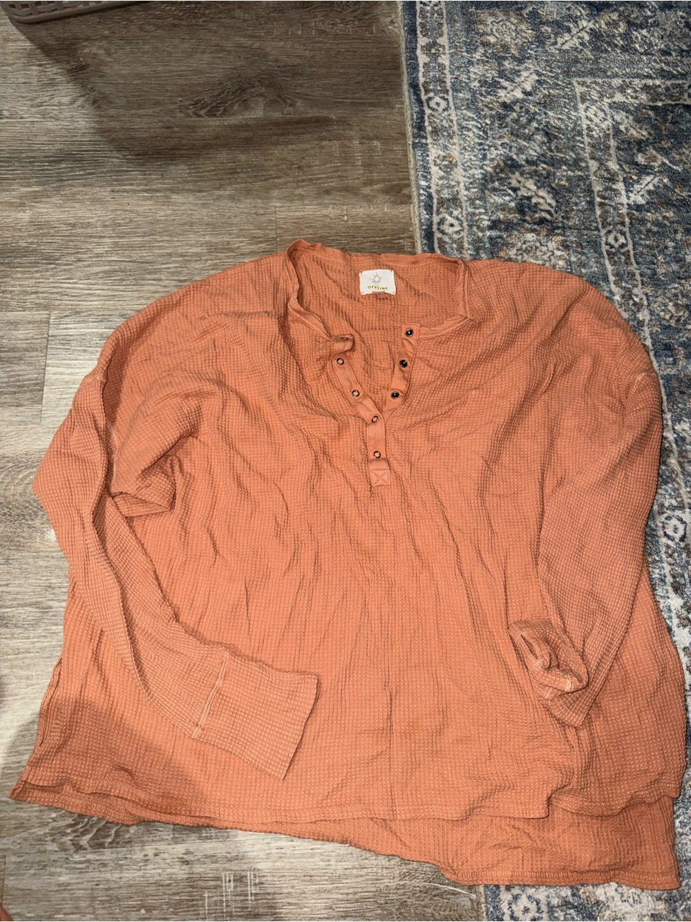 aerie Rust Orange Waffle-Knit Henley Long Sleeve Top